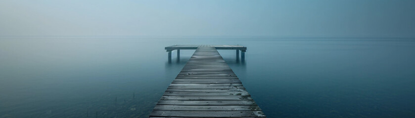 Obraz premium Minimalist summer pier stretching into calm waters, perfect for vacation travel and relaxation.