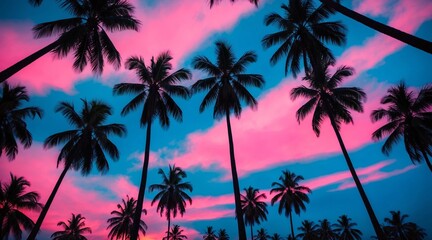 Silhouette palm trees against a neon retro pink and blue sky background.