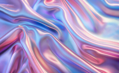 Obraz premium Iridescent silk fabric with pink and blue hues creating smooth, wavy folds.