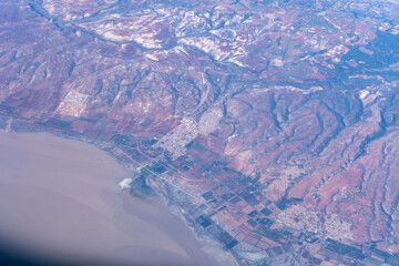 Plane Window View, Aircraft Fly Landscape, Looking from Plane Cabin, Plane Window Aerial View
