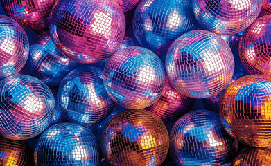 Colorful disco balls reflecting light with vibrant pink and blue hues.