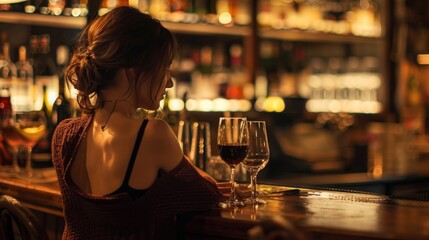 A beautiful woman in an elegant evening gown enjoying a glass of wine at a sophisticated bar. The image captures a moment of luxury and relaxation.