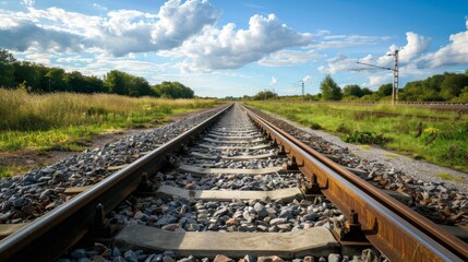 Fototapeta premium Straight railway disappearing into the horizon. Clear blue summer sky above empty train tracks.