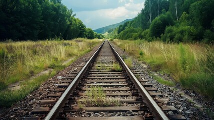 Fototapeta premium Abandoned railway through a lush summer scene. Use empty railway tracks image for travel blog post.