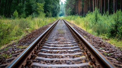 Obraz premium Straight railway disappearing into the horizon. Clear blue summer sky above empty train tracks.