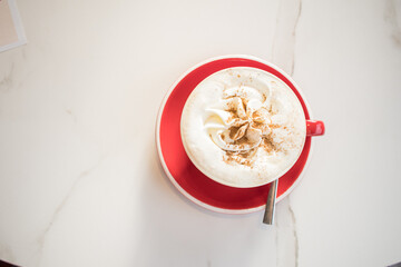 cream red cappuccino, international coffee day, top view, espresso, latte, coffe, cafes, copy space, october