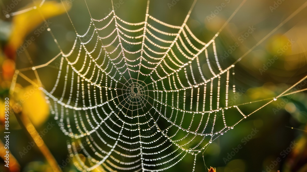 Canvas Prints dew-covered spider web in the morning sun