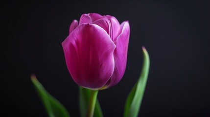 Fototapeta premium Fresh purple tulip flower on black background in studio shoot macro mode with space area. Valentine day, mother day, women day