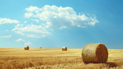 Fototapeta premium Harvested grain fields with hay bales under blue sky in summer Ample space for text