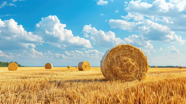 Harvested grain fields with hay bales under blue sky in summer Ample space for text - Powered by Adobe