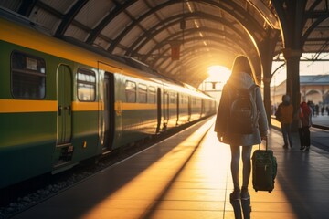 Traveler waiting at train station during sunset