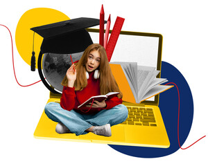 Poster. Contemporary art collage. Woman, having idea while doing homework sitting on yellow laptop...