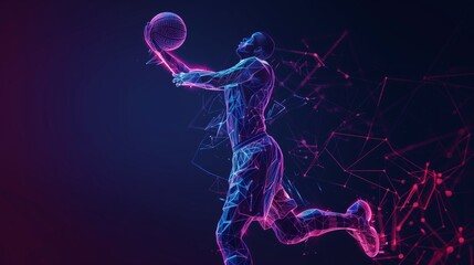 Abstract Polygonal Basketball Player in Mid-Action, Hitting the Ball with Neon Gradient Wireframe Cybernetic Particles