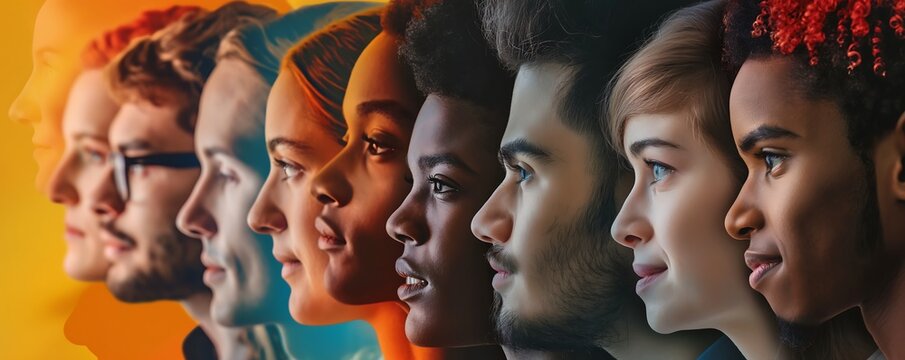 Collage of many people from different ethnicities, side profiles, smiling faces