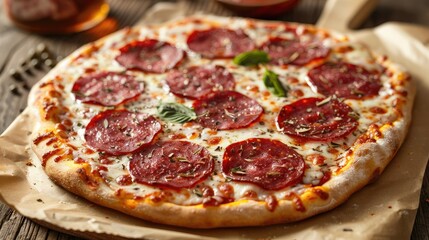 Homemade salami pizza with rustic toppings on wooden surface