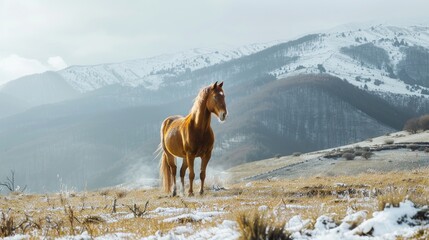 Horse Rising from Snow on Mountain Field in Spring