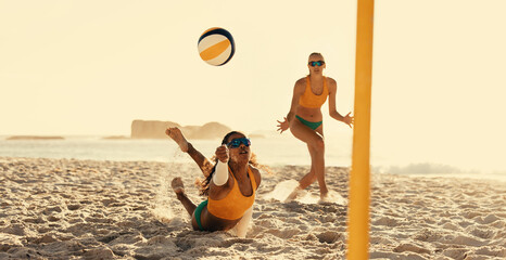 Dynamic beach volleyball game with brazilian team, pro athletes in action on sandy court