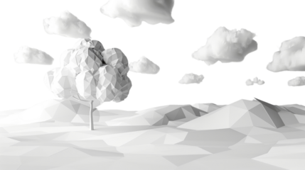 Valley with a tree and clouds, low poly, game asset, low polygonal geometric