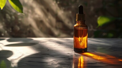 Image of skincare concept with essential oil or serum in a glass bottle strong lighting dark shadows and blank space