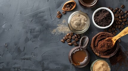 Fototapeta premium Ingredients for creating eco friendly coffee skin scrub with space for text displayed on a gray background