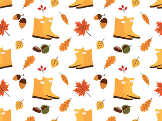 Autumn seamless pattern with rubber boots and falling leaves. Vector of chestnuts, acorns, berries