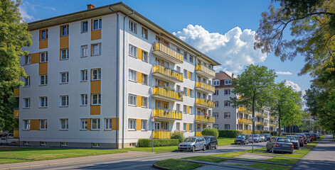 apartment building in the city of munich, Germany with two rows of three windows on each floor and one wall that is painted beige with yellow accents