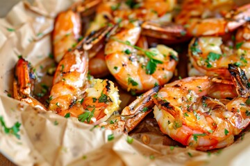 grilled shrimp in their shells, topped with a garlic and herb marinade, placed on brown paper, creating a rustic and flavorful seafood dish