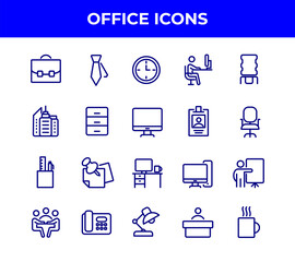 Simple Set of Office Related Vector Line Icons. Contains such Icons as Business Meeting, Workplace, Office Building, Reception Desk and more.
