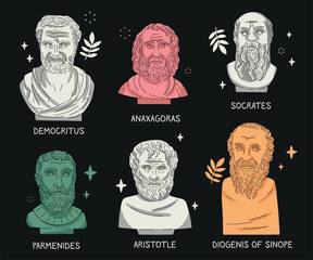 Bust statues of famous antique Greek philosophers, real portraits, vector illustration. Democritus, Anaxagoras, Socrates, Parmenides, Aristotle, Diogenis of Sinope