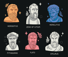 Bust statues of famous antique Greek philosophers, real portraits, vector illustration. Herodotus, Zeno of Citium, Heraclitus, Pythagorus, Plato, Epicurus