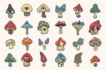 Trippy psychedelic mushroom set, cute doodle sketch