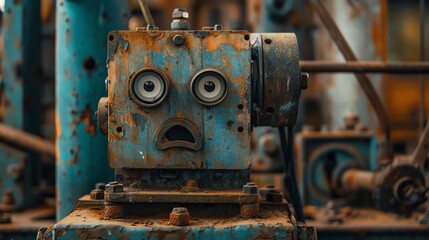 Rusty robot with surprised expression in a factory setting.