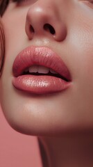 Naklejka premium beautiful plump lips, close-up photo, realistic photo, soft pink shade, natural lip color