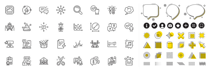 Set of Recovery data, Inclusion and Column diagram line icons for web app. Design elements, Social media icons. Court building, Power certificate, Scissors icons. Vector