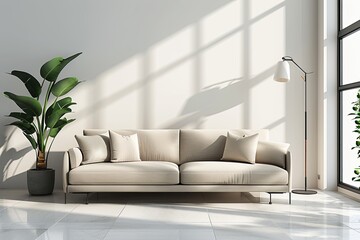 A modern living room interior with a sofa created with Generative AI