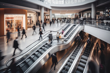 Busy Shopping Mall With People Using Escalators And Walking Through Bright Modern Interior