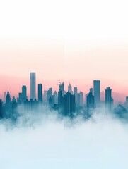 Fototapeta premium City skyline with smog and clear sky halves, symbolizing pollution and clean air, rendered realistically in soft colors on white background with text space, covering