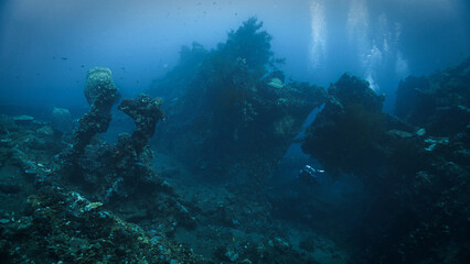 Underwater photo of the USS Liberty shipwreck from World War Two, WWII. From a scuba dive in Bali,...
