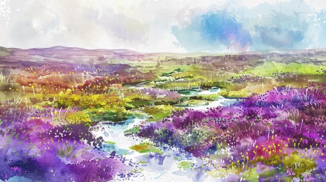 A watercolor depiction of a highland moor with colorful heather and small streams, the landscape painted in vibrant purples, greens, and blues, reflecting the unique beauty of highland terrain.