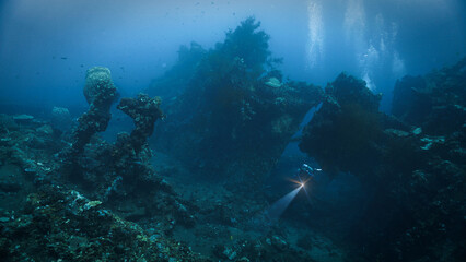 Underwater photo of the USS Liberty shipwreck from World War Two, WWII. From a scuba dive in Bali, Indonesia, Asia