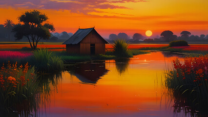 Fototapeta premium sunrise over the lake, ai generated