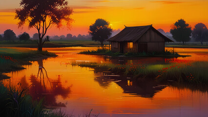 Fototapeta premium sunset on the river, ai generated