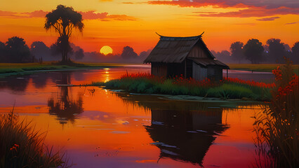 Fototapeta premium sunset over the lake, ai generated