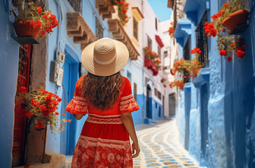 Obraz premium Woman Exploring Charming Blue Alley With Red Flowers In Mediterranean Village On Sunny Day