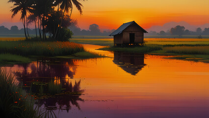 Fototapeta premium sunset over the lake, ai generated
