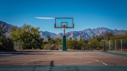 A basketball hoop stands against a backdrop of mountains and desert landscape.