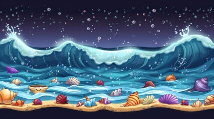  Blank white page with colorful cartoon seashells and ocean waves around the border, theme background for beach cleanup, cute children's, buckets and shovels