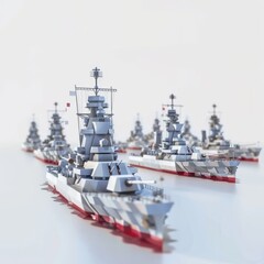 3D Render, Low Poly style of epic battleship fleet on the open sea, on isolated white background, Generative AI