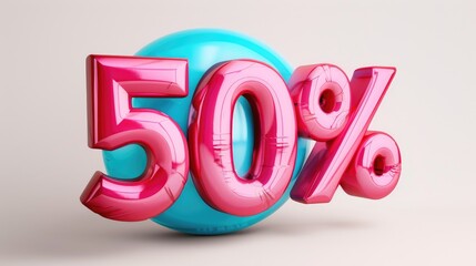 Glossy red and blue 50 percent sign on gray background