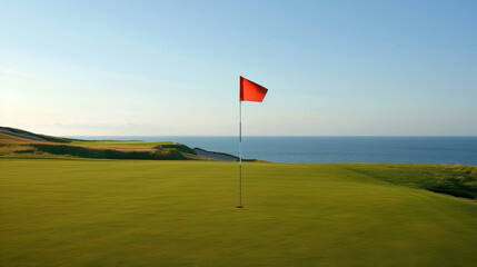 Flag: A brightly colored flag, typically red or white, stands tall in the hole. The flag flutters slightly in the breeze, marking the target for golfers.
